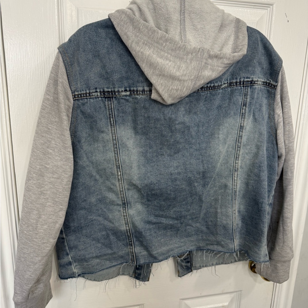 Kensie Blue Denim Jacket with Gray Hoodie Sleeves - Picture 2 of 3